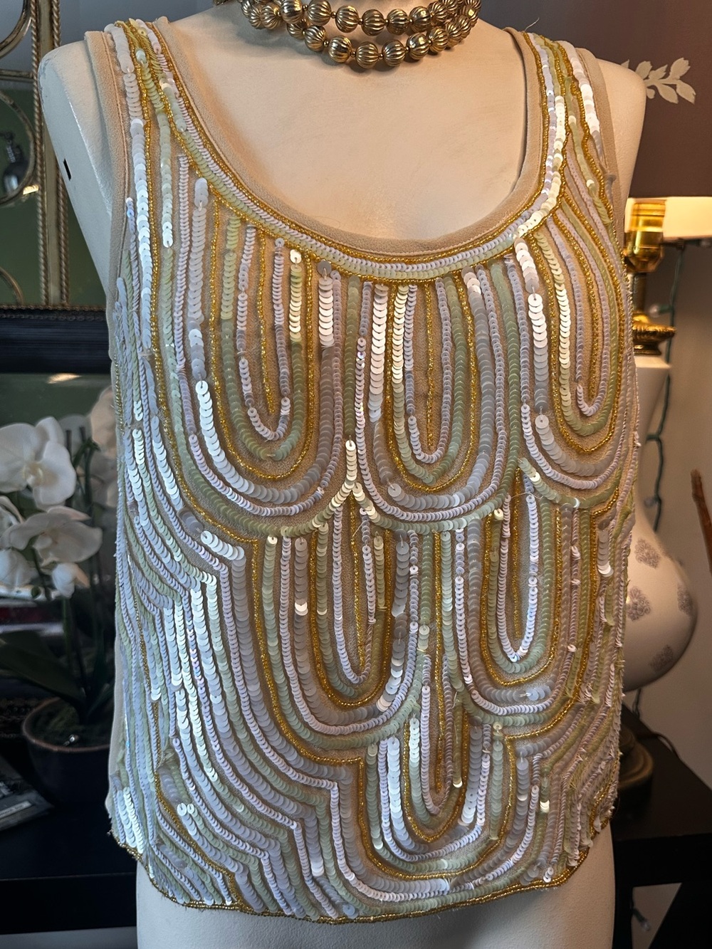 hazel White and Gold Sequin Tank Top